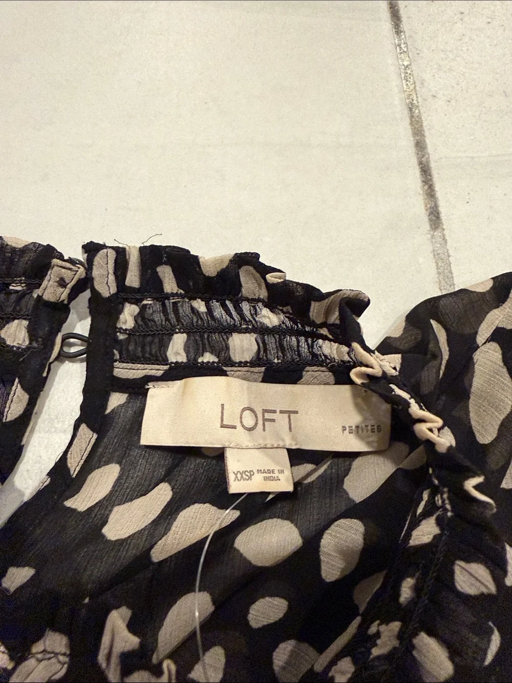 LOFT Black Blouse with Cream Spot Print and Ruffle Neck 2 Layers